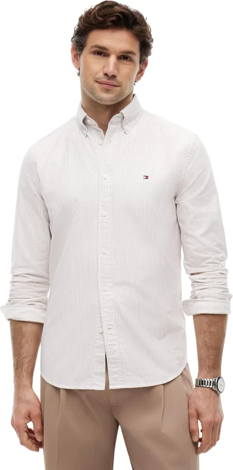 Tommy Hilfiger Camicia da Uomo Heritage Oxford Stripe RF MW0MW36238 L/S, Marrone, L