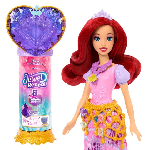 Mattel Disney Princess - Ariel Jewel Reveal, bambola ispirata al film con 9 accessori a