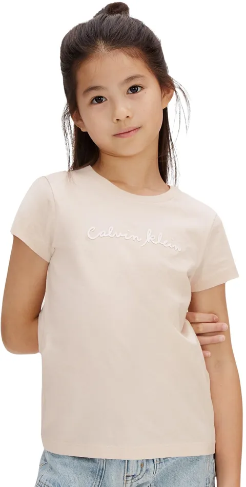 Calvin Klein Bambina T-Shirt Maniche Corte Script Logo Slim in Cotone, Avorio (Pearl