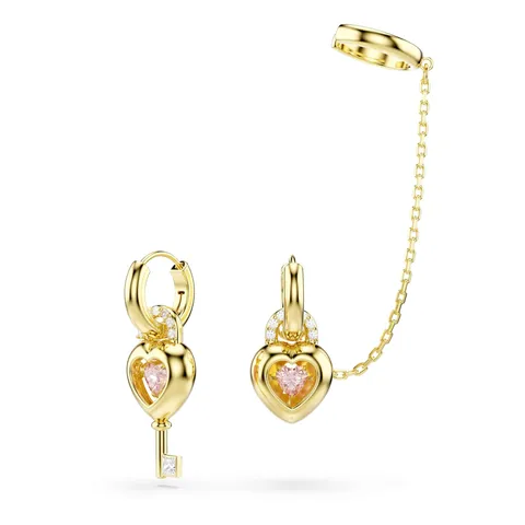 Swarovski Orecchini pendenti con ear cuff Idyllia, Taglio misto, Cuore con chiave, Rosa