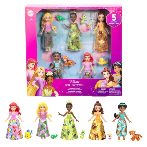 Mattel Disney Princess - Principessa e Amico Multipack, set con 5 mini bambole snodate e