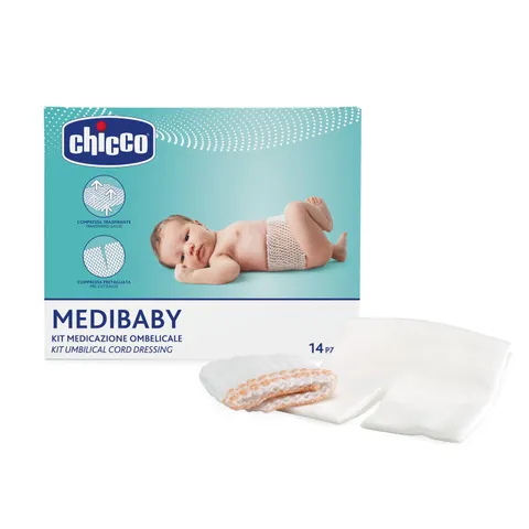 Chicco Kit Medicazione Cordone Ombelicale, 14 Garze Sterili in TNT Sagomate e 7 Bende