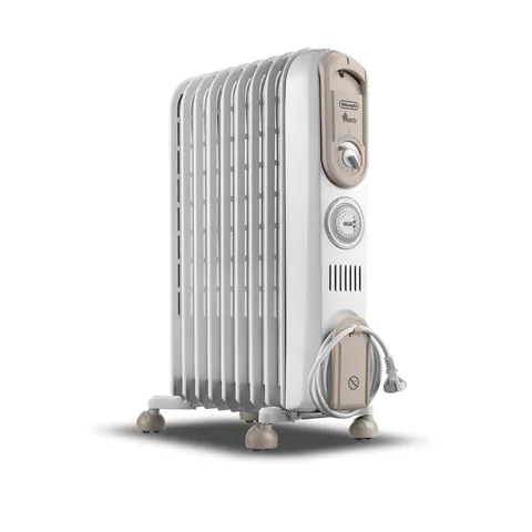 De'Longhi Serie Vento V550918T.WB Radiatore ad Olio Elettrico, Stufetta elettrica a basso consumo, 9 Elementi, Timer, Manopole Intuitive, per Ambienti Fino a 54m³, 3 Livelli di Potenza, 1800W, Bianco