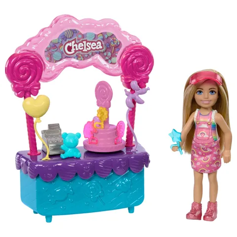 Barbie - Chelsea e il Chiosco dei Lecca Lecca, playset con bambola Chelsea, orsacchiotto