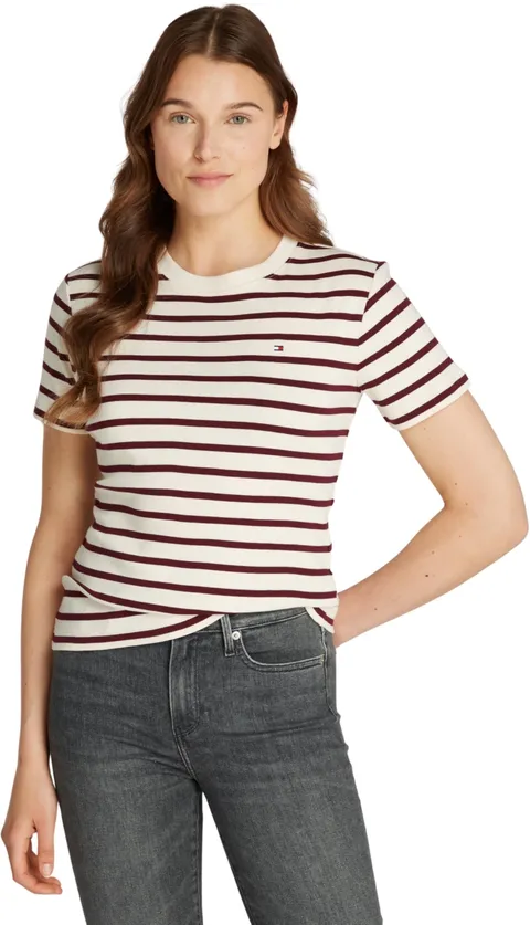 Tommy Hilfiger Donna T-Shirt Maniche Corte Slim Cody Scollo Rotondo, Multicolore (Fine
