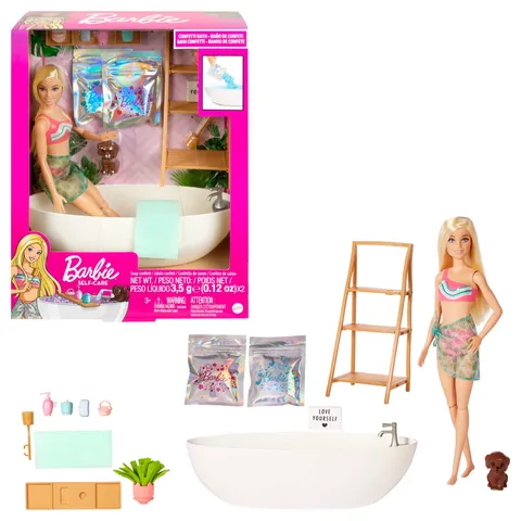 Barbie - Vasca Relax Playset con bambola e cucciolo, con coriandoli di sapone colorati e