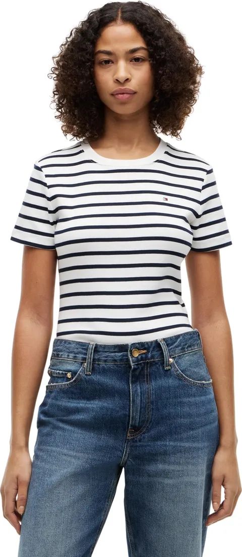 Tommy Hilfiger Donna T-Shirt Maniche Corte Slim Cody Scollo Rotondo, Multicolore