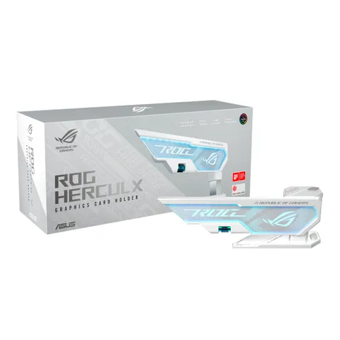 ASUS ROG Herculx Supporto per Scheda Grafica, Montaggio Senza Attrezzi, Comoda Livella Integrata, Struttura in Lega Di Zinco, Altezza Regolabile da 72 a 128mm, Aura Sync, Bianco