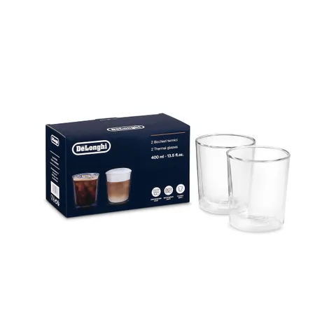 De'Longhi Set Bicchieri Termici di Vetro a Doppia Parete, Vetro Resistente in Borosilicato, Confortevole da Tenere, Senza Condensazione, Lavabile in Lavastoviglie, Capacità 400ml, DLSC318