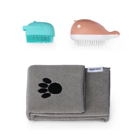 Amazon Basics Spazzola da Bagno per Cani con Asciugamano ad Asciugatura Rapida, Spazzola