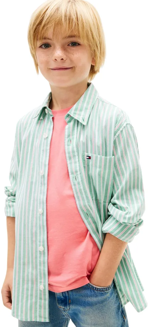 Tommy Hilfiger Bambino Camicia Flex Ithaca Multistripe Elasticizzata, Verde (Bahama