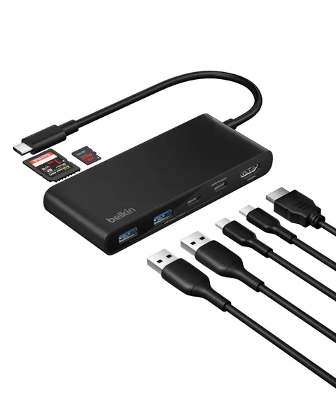 Belkin Hub USB-C a 7 Porte con HDMI 2.0 4K a 60Hz, Lettore di Schede SD e MicroSD, PD
