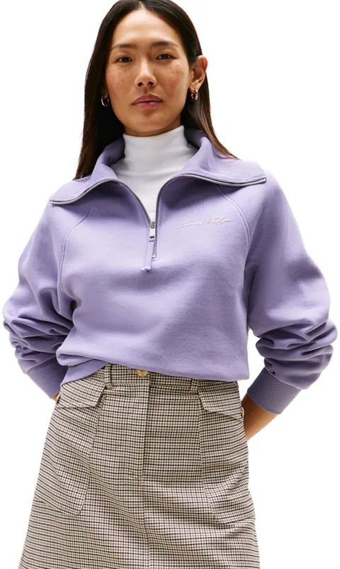 Tommy Hilfiger Donna Felpa con Cerniera Classic Script Fleece Mezza Zip, Viola (Lavender