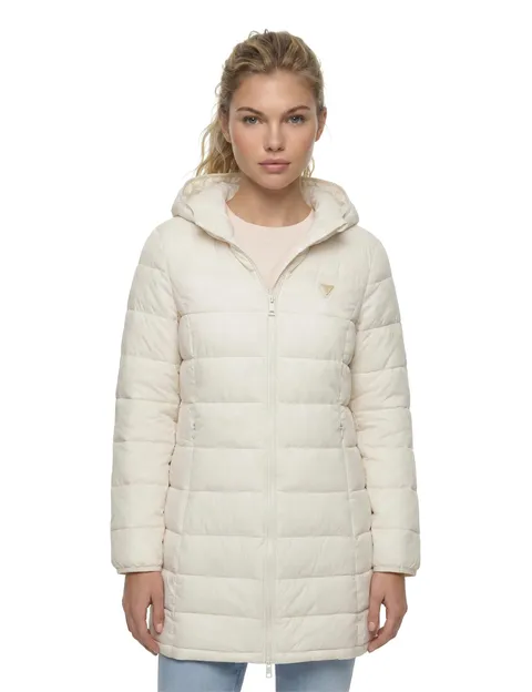 Guess Donna Piumino Aleta Long Puffer Jacket Bianco