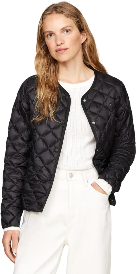 Tommy Hilfiger Donna Giacca Imbottita Quilted Collarless con Chiusura con Bottoni, Nero