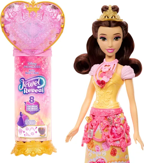Mattel Disney Princess - Belle Jewel Reveal, bambola ispirata al film con 9 accessori a