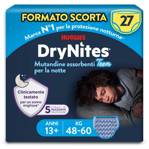 Huggies Drynites Mutandine Assorbenti per la Notte per Bambino, Taglia XL (48-60 Kg), Confezione da 27 Pezzi (9x3)