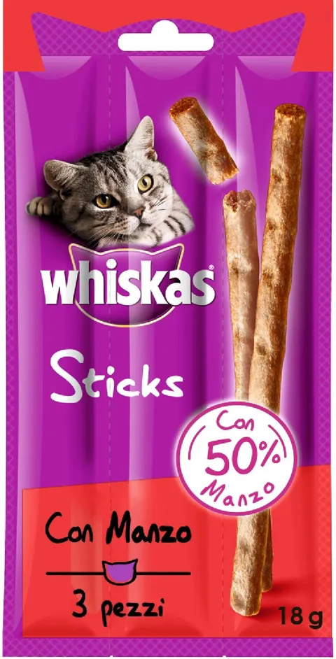 Whiskas Cibo per Gatto, Sticks Ricco di Manzo 18 g 3 Pezzi - 28 Confezioni (84 Pezzi in Totale)