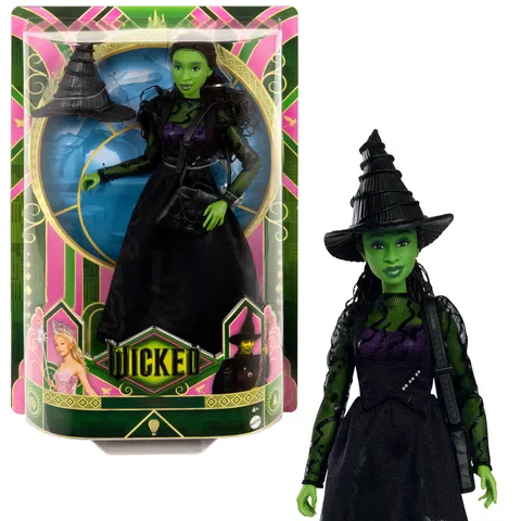 Mattel Universal Wicked, Elphaba, bambola snodata con pelle verde, capelli neri