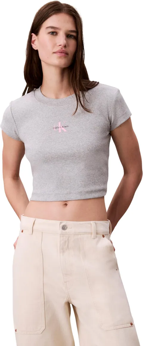 Calvin Klein Donna T-Shirt Maniche Corte Monologo Baby Rib Slim Fit, Grigio (BC06 Grey