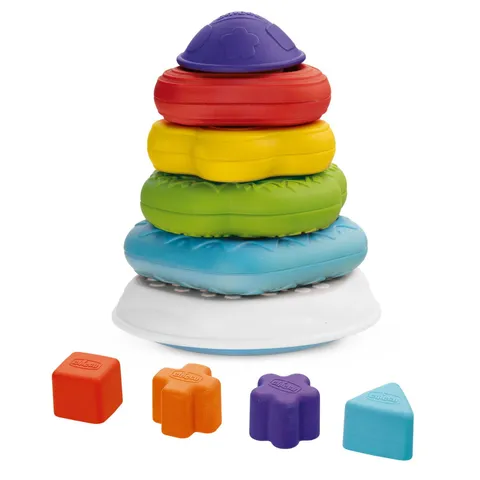 Chicco Torre Anelli 2in1 Gioco Impilabile, Centro attività, Gioco Forme Incastri e Texture Differenti, Sviluppo Manualità e Coordinazione, Regalo Bambino, 6-36 Mesi