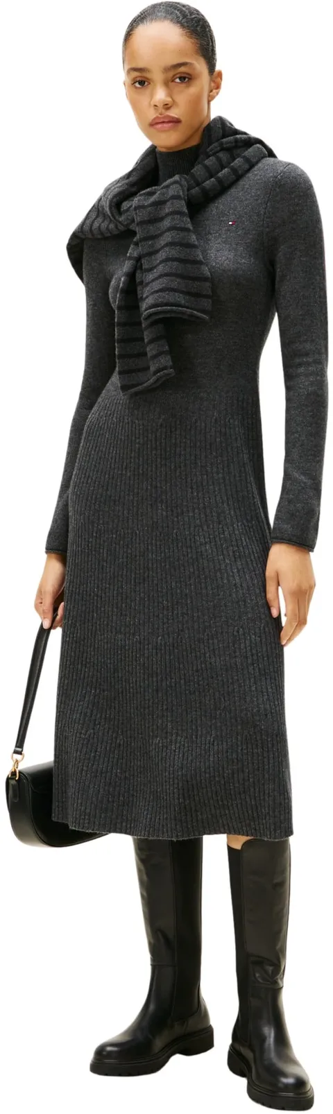 Tommy Hilfiger Donna Abito in Maglia Soft Wool Lunghezza Midi, Grigio (Dark Grey