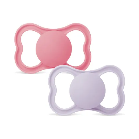 MAM Air Succhietto 6-16 Mesi (Set da 2), Ciuccio MAM 6-16 mesi per pelli sensibili e delicate, Kit da 2 accessori neonato con tettarella in silicone e porta ciuccio sterilizzatore, Rosa/Lilla