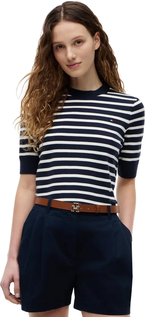Tommy Hilfiger Donna Pullover Jersey Maniche Corte, Multicolore (Dark Night Navy/Ivory