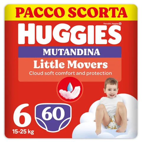 Huggies Little Movers Pannolino Mutandina, Taglia 6 (15-25 Kg), Confezione da 60 Pannolini (30x2)