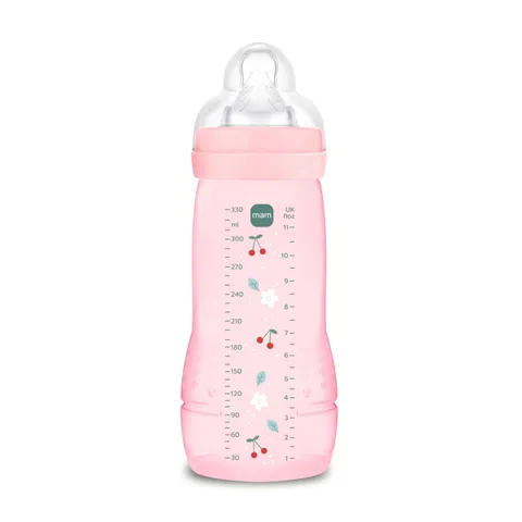 MAM Biberon Easy Active Baby Bottle 330 ml, Biberon MAM per bambini attivi ergonomico e pratico, Accessori neonato 4+ mesi per l'allattamento con tettarella misura 3 piatta e simmetrica, Rosa