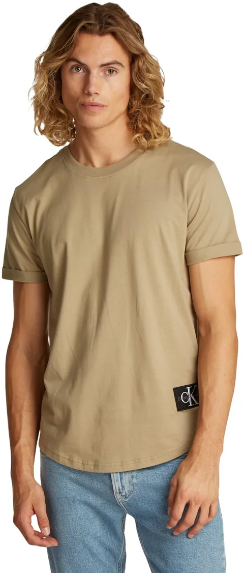 Calvin Klein T-Shirt Maniche Corte Uomo Badge Turn Up Sleeve Scollo Rotondo, Beige (Tree