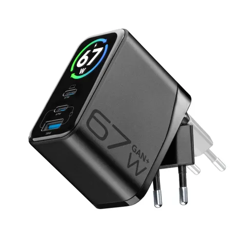 Cellularline PowerView IQ 67W Caricabatterie da Rete con Display TFT, 2 Porte USB-C PD e