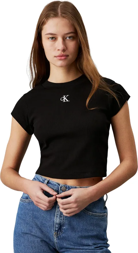 Calvin Klein Donna T-Shirt Maniche Corte CK Rib Baby Tee Corta, Bianco (Bright White), XXL