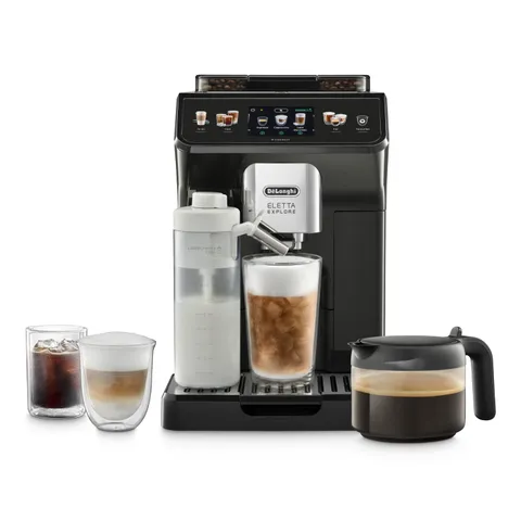 De’Longhi Eletta Explore - Perfetto Macchina da Caffè Automatica, LatteCrema Montalatte Automatico, 50 Bevande incl. Cold Brew in un Solo Tocco, Display Touch a Colori, Grigio Scuro (ECAM452.67.G)