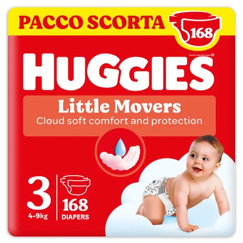 Huggies Little Movers, Pannolini Taglia 3 (4-9 Kg), Ultra assorbente, Design Disney, Pacco Scorta, 168 Pz