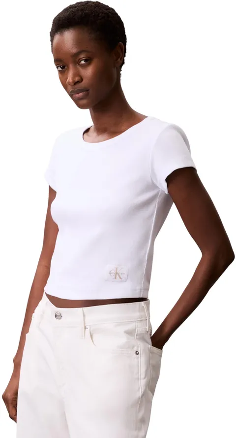 Calvin Klein Donna T-Shirt Maniche Corte Woven Label Rib Baby Tee con Scollo Rotondo