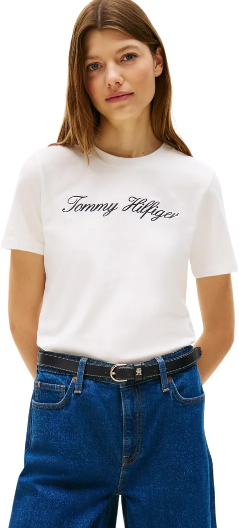 Tommy Hilfiger Donna T-Shirt Maniche Corte Script Regular Scollo Rotondo, Bianco (NOS