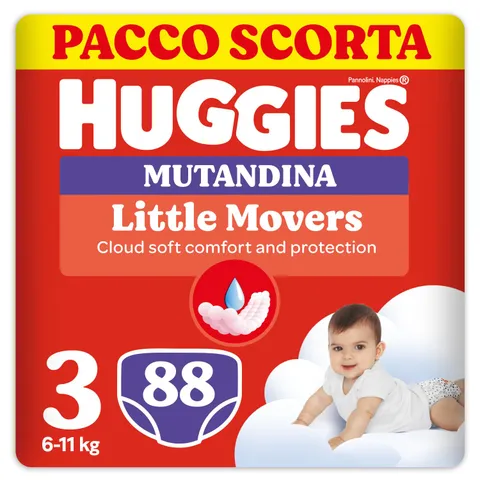 Huggies Little Movers Pannolini Mutandina Taglia 3 (6-11 Kg), Ultra assorbente, Protezione completa, 88 Pz