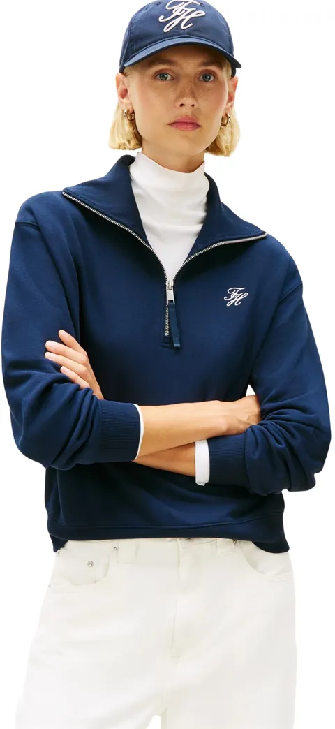 Tommy Hilfiger Donna Felpa con Cerniera Script Terry con Polsini in Maglia a Costine, Blu