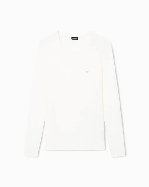 Emporio Armani T-Shirt Girocollo da Donna a Maniche Lunghe con Borchie Essenziali Bianca