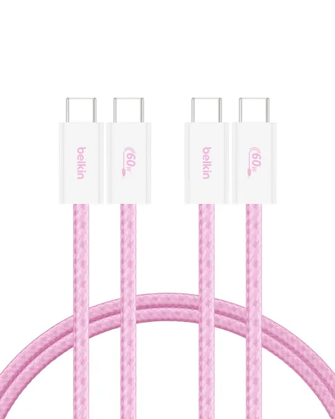 Belkin Confezione da 2 cavi intrecciati da USB-C a USB-C da 1,5 m, 60 W, cavo flessibile