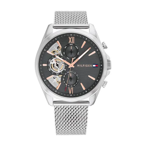 Tommy Hilfiger Orologio Analogico Multifunzione al Quarzo da Uomo con Cinturino in Maglia Metallica in Acciaio Inossidabile Argentato - 1710646