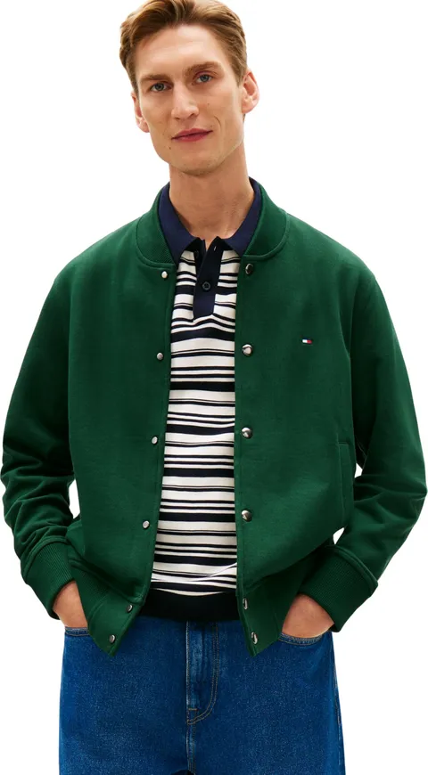 Tommy Hilfiger Uomo Bomber Essential Terry con Chiusura con Bottoni, Verde (Nocturnal