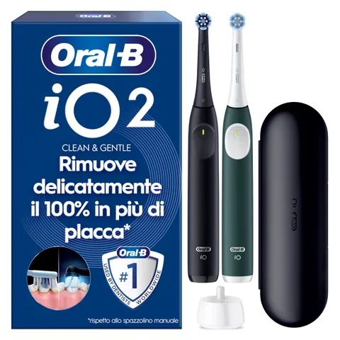 Oral-B iO2 Spazzolino Elettrico | Confezione da 2 |Nero e Verde | 2 Testine di Ricambio