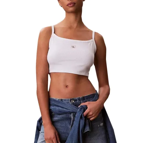 Calvin Klein Canotta da Donna SL Woven Label 2X2 Baby Rib Crop LV047F221G, Bianca, XL