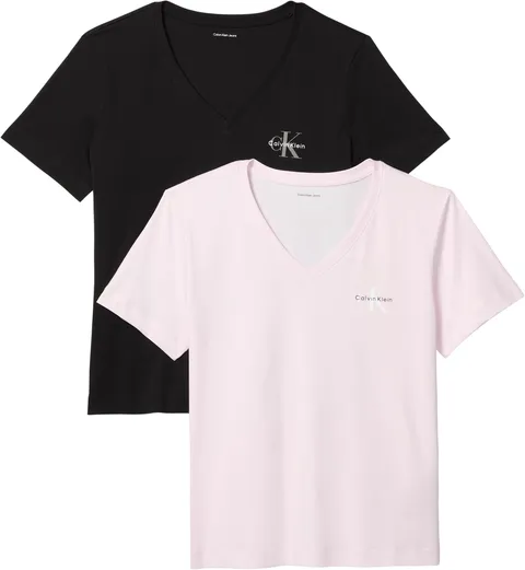 Calvin Klein Donna T-Shirt Maniche Corte Confezione da 2 Logo Tee con Scollo a V