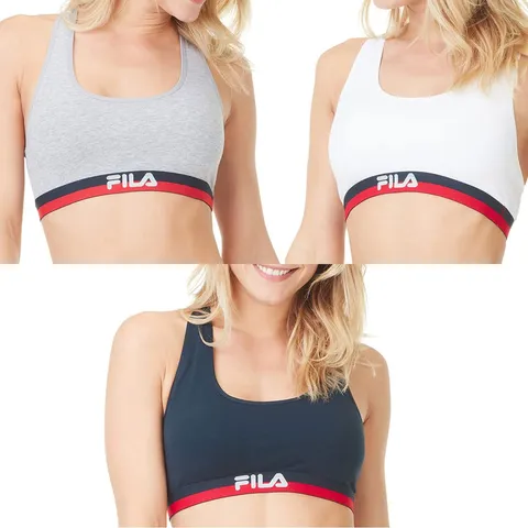 FILA Reggiseno Sportivo Donna in cotone, senza rinforzo, set di 3, Grigio, Bianco, Blu