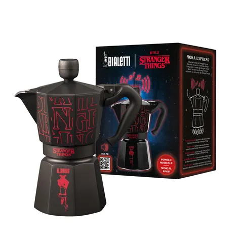 Bialetti Moka Express Stranger Things 6 Tazze, Pomolo Musicale con ricarica USB C, Non