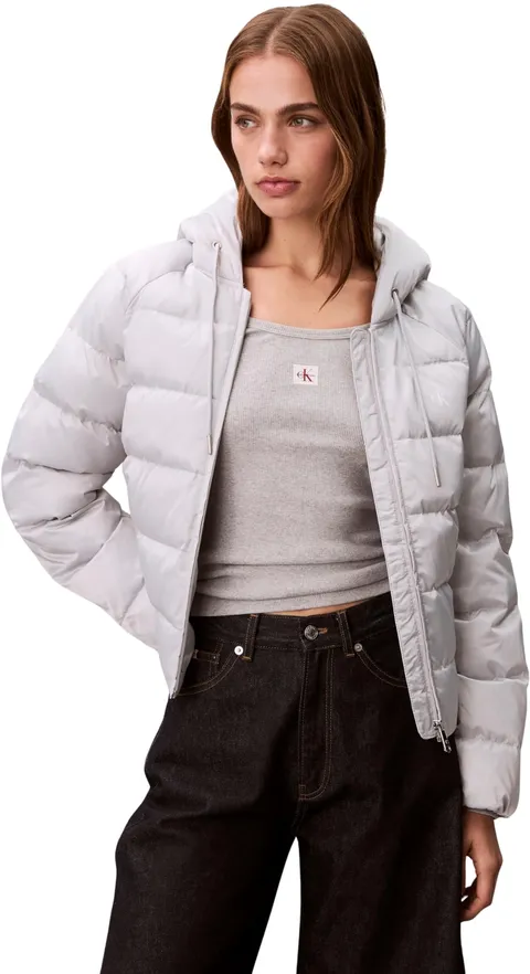 Calvin Klein Donna Piumino Satin Lightweight con Cappuccio, Grigio (Quiet Gray), S