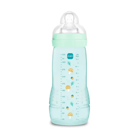 MAM Biberon Easy Active Baby Bottle 330ml, Biberon MAM per bambini attivi ergonomico e pratico, Accessori neonato 4+ mesi per l'allattamento con tettarella misura 3 piatta e simmetrica, Azzurro